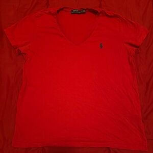Red v neck polo shirt